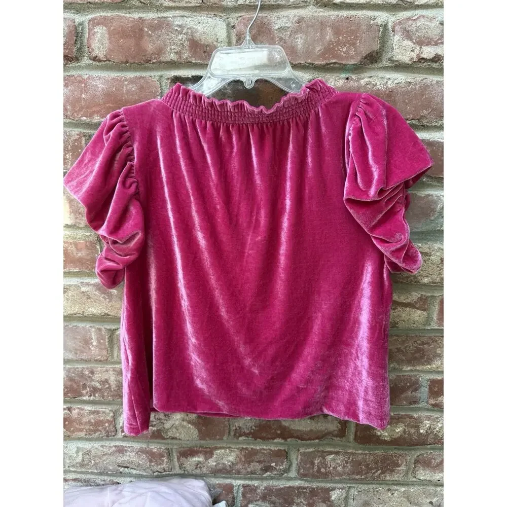 Free People Velveteen‎ Crop Hot Pink Peplum Puff Sleeve Oversized Top Blouse XS